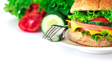 burger sandwiches bread with bacon , ham and cheese with vegetable , healthy breakfast on white background , healthy breakfast food concept