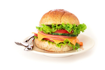 burger sandwiches bread with bacon , ham and cheese with vegetable , healthy breakfast on white background , healthy breakfast food concept