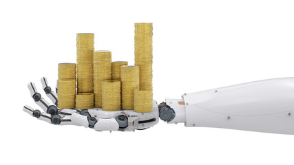 robotic hand holding gold coins