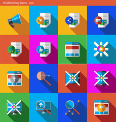Vector eps icons set - marketing and advertising in flat style with shadow