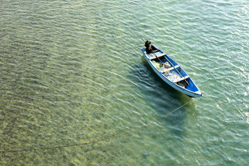 Lonely boat in a sea from Top view at Rameswaram, Tamilnadu India. 