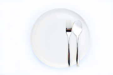 Top View Empty Dish with spoon and fork on white Background
