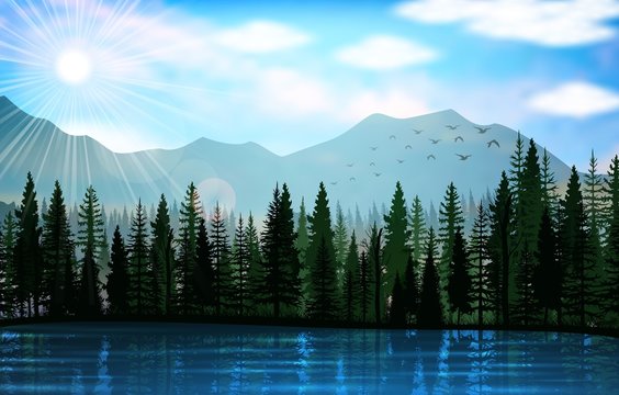 Mountain landscape with lake background