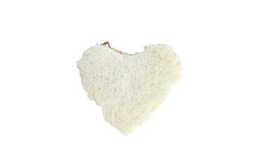 bite bread with shape of love isolated on white background