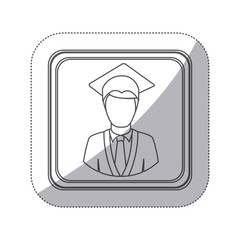 sticker monochrome silhouette square button with half body man with graduation outfit vector illustration