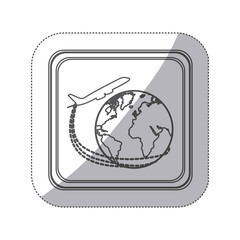 sticker monochrome silhouette square button with airplane around earth world vector illustration