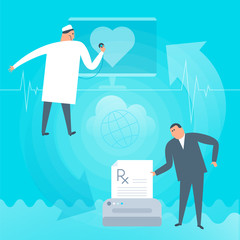 Doctor exams heartbeat remotely by computer. Online, tele medicine flat concept illustration. Patient prints rx prescription, medic listens heart at monitor. Telemedicine, telehealth vector design.