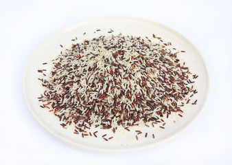 Jasmine red and white rice on white plate against white background