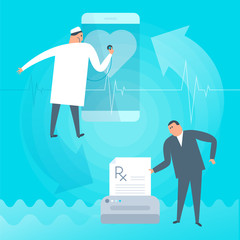 Doctor exams heartbeat remotely by smart phone. Online, tele medicine flat concept illustration. Patient prints rx prescription, medic listens heart at screen.  Telemedicine, telehealth vector design.