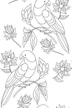 Floral seamless pattern with parrots and flowers. Line art. Vector illustration hand drawn.