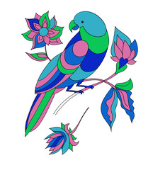 Parrot and flowers hand drawn.Line art. Vector illustration. 