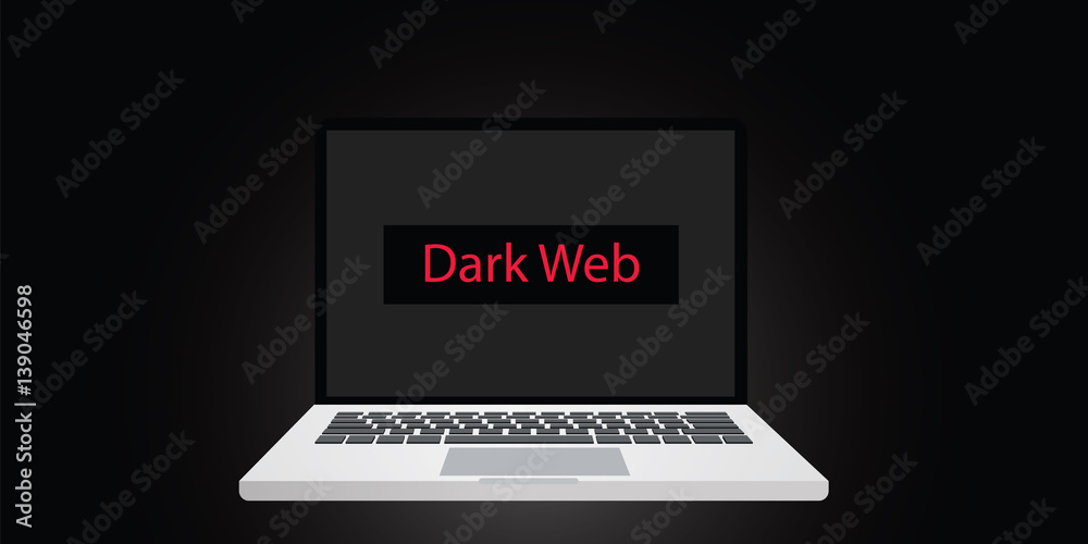 Poster dark web illustration text on screen or display on laptop with dark background and red text