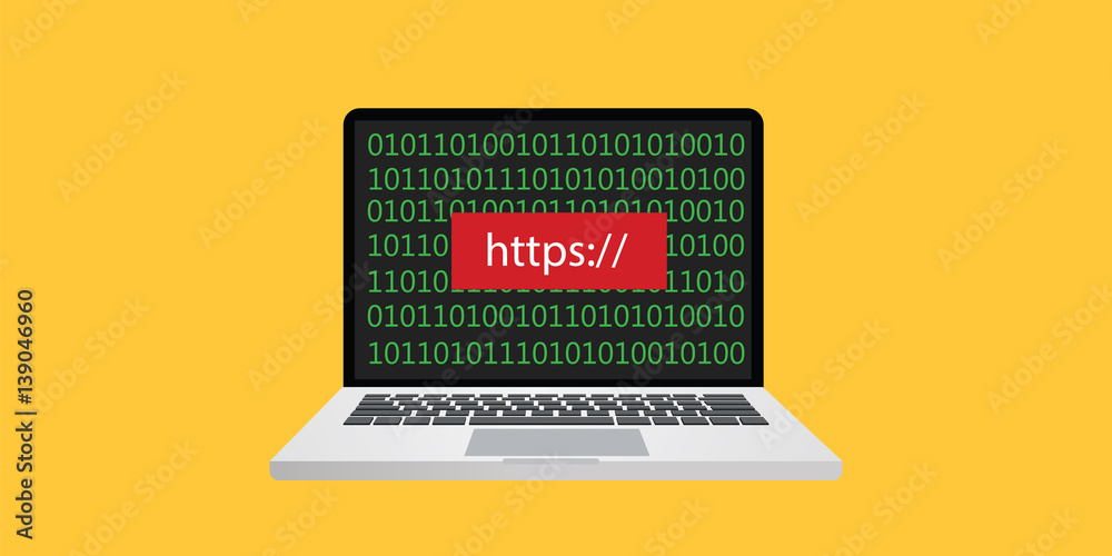 Poster https illustration with laptop notebook text on screen with binary code written on display of monito