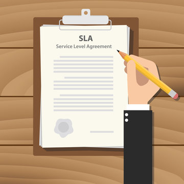 sla service level agreement illustration with business man signing a paper work on clipboard on wooden table