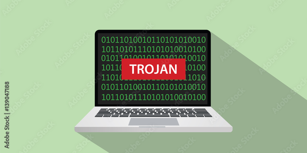 Poster trojan hacking illustration with laptop and red sign on laptop screen with binary code as background