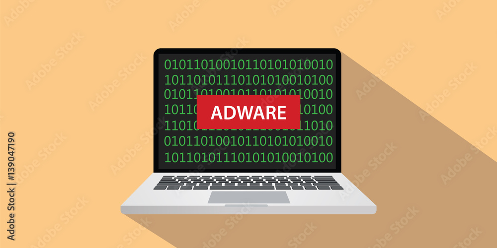 Poster adware concept illustration with text on laptop screen with flat style and binary code as background