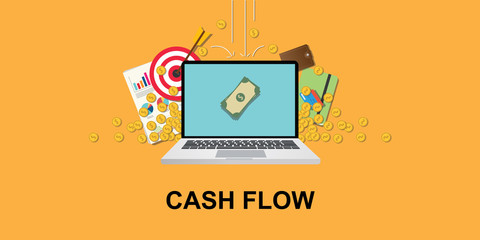 cashflow concept illustration with laptop and money om screen with gold coin, goals target, paperwork as background that falling from sky