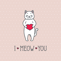 I Meow You. Vector doodle illustration of cute white cat holding a heart in his paws.