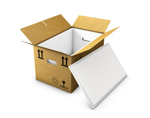 empty cardboard box opened with insulated foam in and cap, isolated on white background 3d Illustration