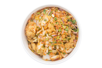 Spicy minced chicken salad isolated on white