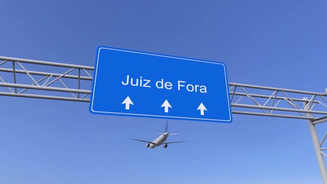 Commercial airplane arriving to Juiz de Fora airport. Travelling to Brazil conceptual 4K animation