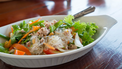 Pork Vermicelli Salad on dish, Spicy vermicelli
