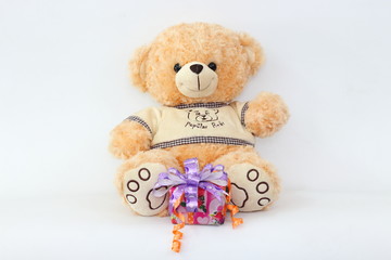 Brown teddy bear and gift boxes on a white background.