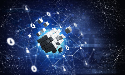 Concept of Internet and networking with digital cube figure on dark background