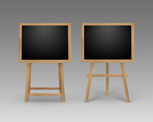 Vector Set of Wooden Easels with Mock Up Empty Blank Square Black Boards Isolated on Background