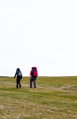 Fototapeta premium A backpacking couple young man and woman walk on grass hill