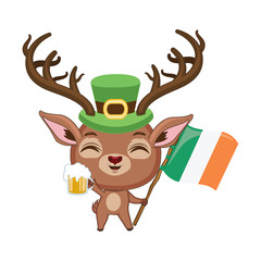 Cute red deer holding a glass of beer and the flag of Ireland in their hands