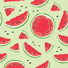 Behang Watermeloen Plakje watermeloen / Naadloos vectorpatroon met watermeloenplakken op lichtgroene achtergrond