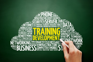 Training development word cloud collage, technology business concept background on blackboard