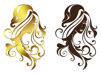 face of the girl with long hair and floral patterns sketch outline silhouette illustration
