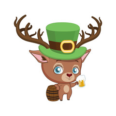 Cute red deer holding a glass of beer next to a barrel