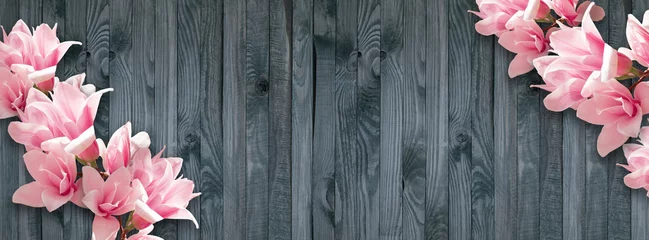 Gardinen Background with magnolia flowers on wall of wooden planks © julia_arda