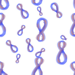 Fototapeta premium blue and orange 8 eight numbers hand draw by watercolor and hearts made by spheres isolated on bright background. Happy womans day seamless design pattern. 3d illustration