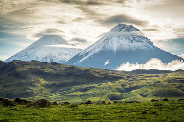Fototapeta na wymiar Volcano Klyuchevskoy and Stone, Kamchatka