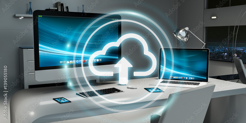 Poster workplace with modern hologram cloud icon 3d rendering