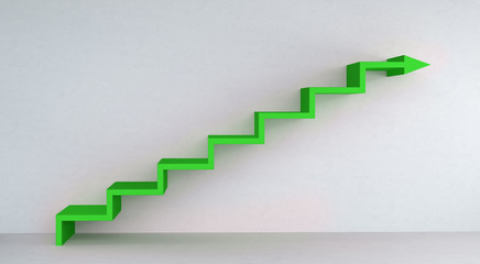 Green stairs arrow going up on concrete wall 3D rendering