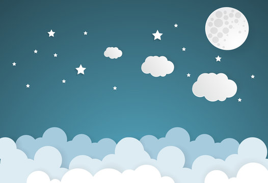 moon and stars with cloud in nighttime .paper art style