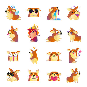 Funny Corgi Dog Cartoon Icons Set 