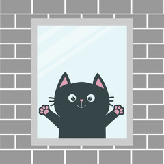 Black cat in the window. House brick wall. Open hand paw print. Kitty reaching for a hug. Funny Kawaii animal. Baby card. Cute cartoon character. Pet collection. Flat White background. Isolated.