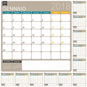 Calendar 2018 / Italian calendar template for year 2018, set of 12 months, week starts on Monday, printable calendar templates