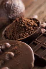 Chocolate sweet, cocoa pod and food dessert background
