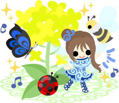 Pretty fairy and beautiful brassica and ladybug and butterfly and bee