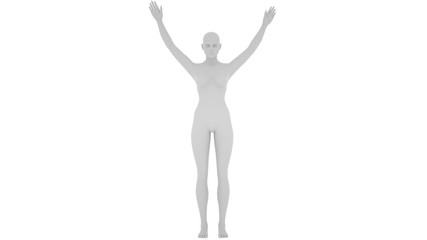 Grey digital woman with lifted hands, isolated on white background, 3 d render