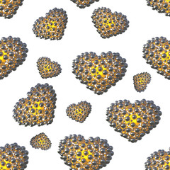 glossy gold hearts made of spheres with reflections isolated on bright background. Happy womans day 3d illustration seamless design pattern
