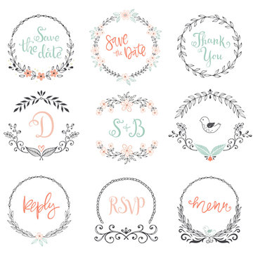 Floral wreaths and frames collection. Set of cute hand drawing retro rustic design elements perfect for wedding invitations, save the date, thank you, reply and birthday cards. Vector illustration.