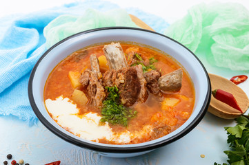 Traditional national Ukrainian vegetable soup: borsch with pork ribs on a light background.
